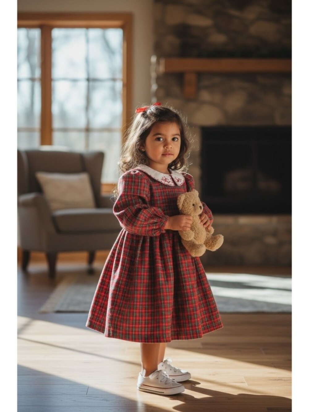 OshKosh BGosh 1980s Toddler Size 4 Red Plaid Cotton Dress Embroidered Collar